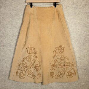 Vintage Suede‎ 90s Y2K Maxi Skirt, Folk Cottagecore Boho Embroidered, Size 6